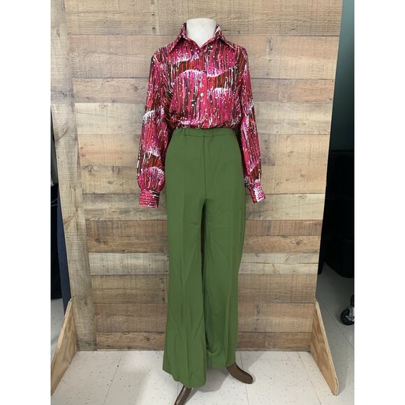 Vintage 1970s MOD Green Pull On Wide Leg Bell Trouser Polyester Pants Sz M - Picture 5 of 6